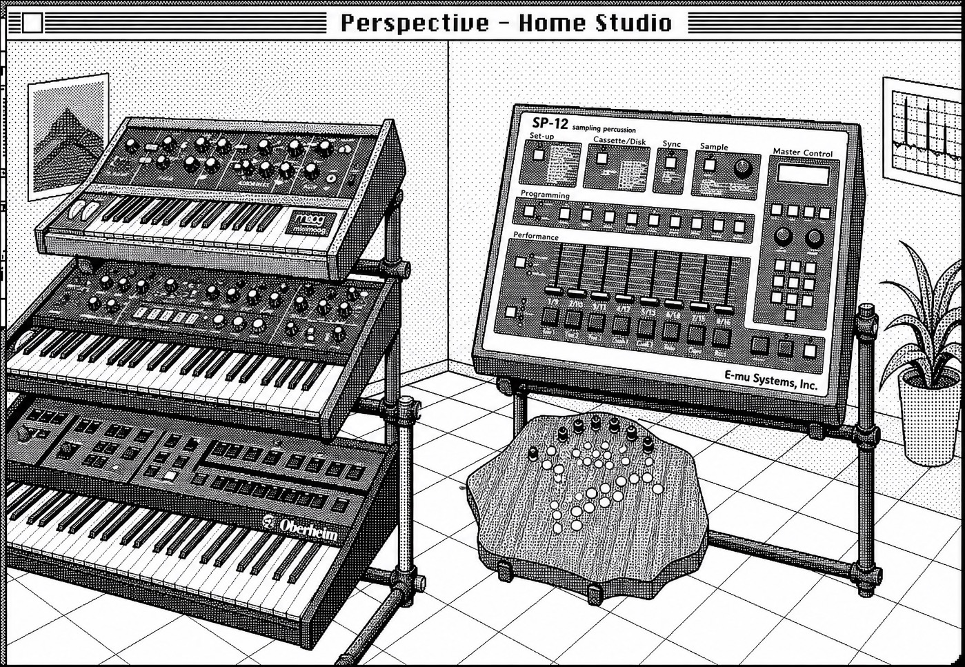 A monochrome Macintosh perspective drawing of Papa Big Boys home studio